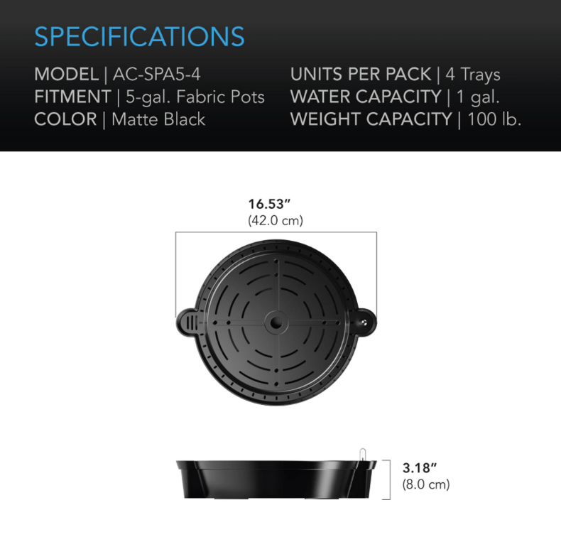 AC Infinity Self-Watering Fabric Pot Base specifications