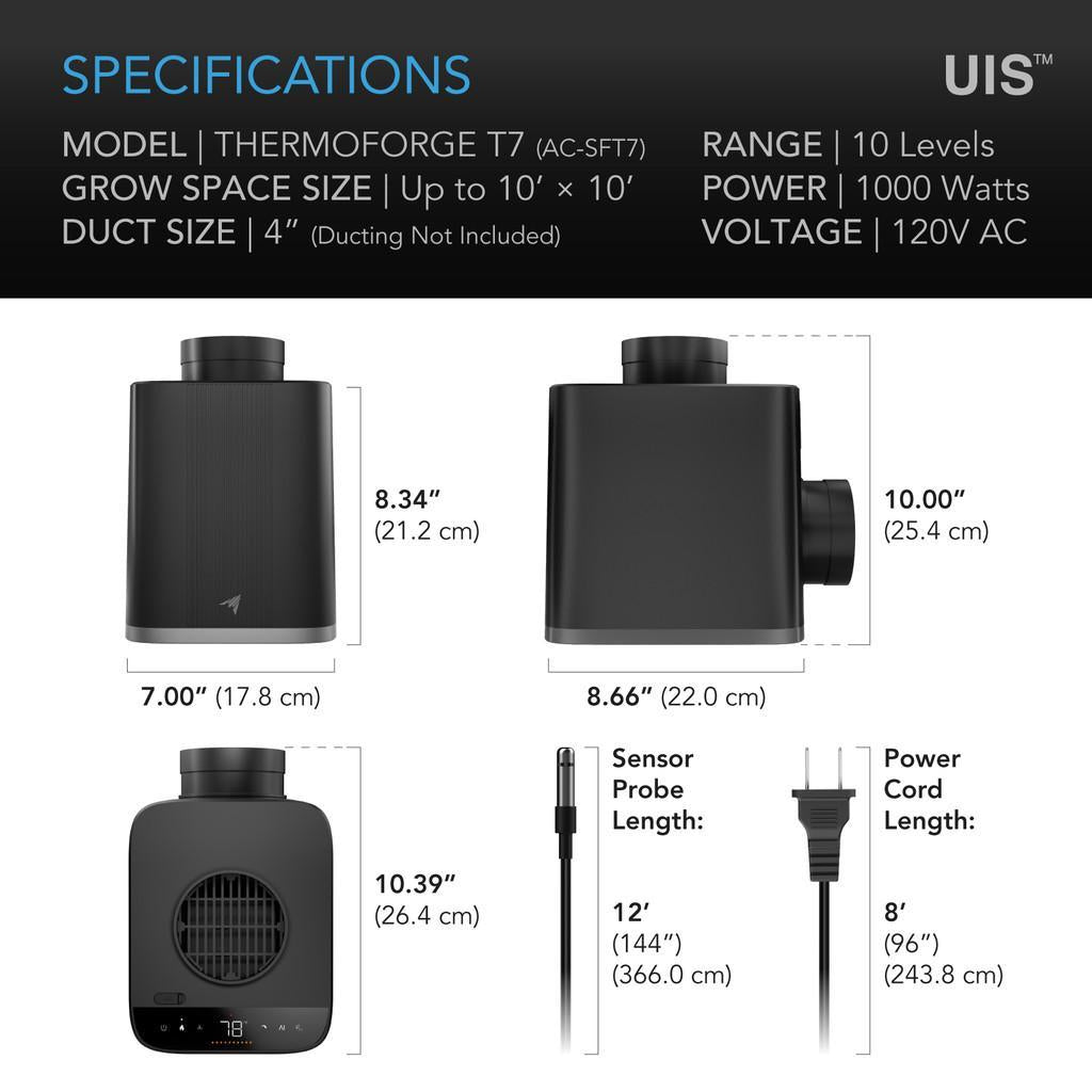 THERMOFORGE T7, Environmental Plant Heater 1000W, VPD Temperature Controls, Adaptive AI, PTC 10 Heat and Fresh Air Intake Levels, Dual Ducts