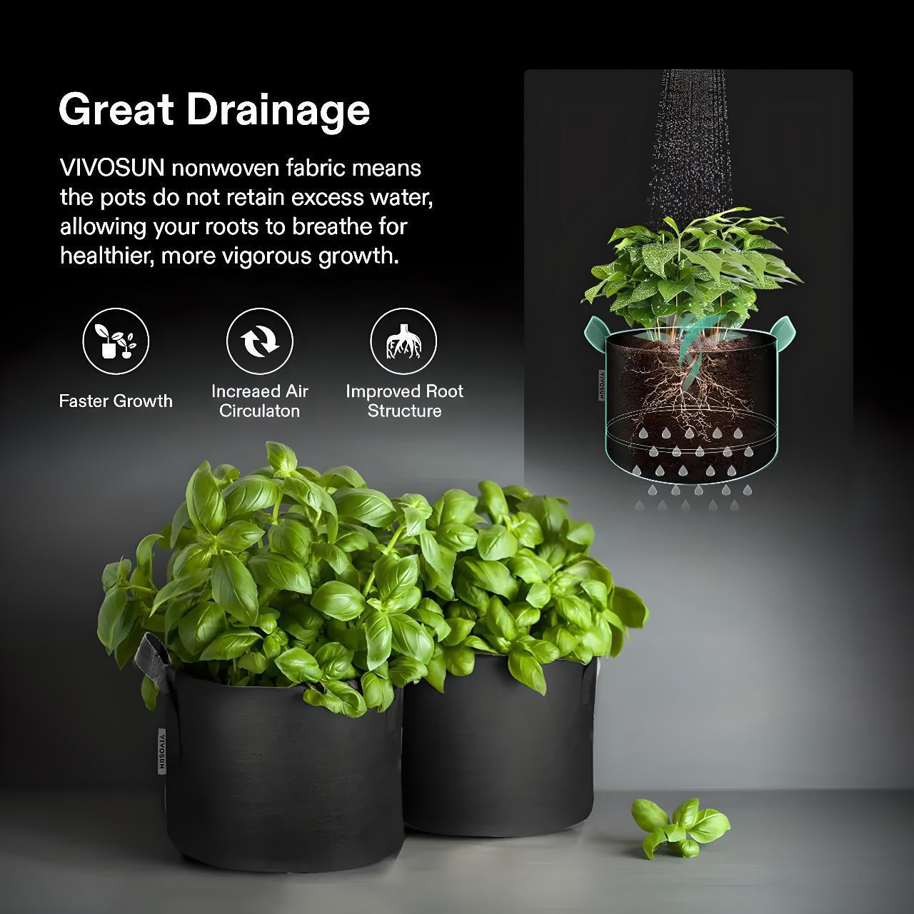 VIVOSUN 5-Pack Thickened Grow Bags For Plants - Nonwoven Fabric Pots With Handles, Multiple Sizes