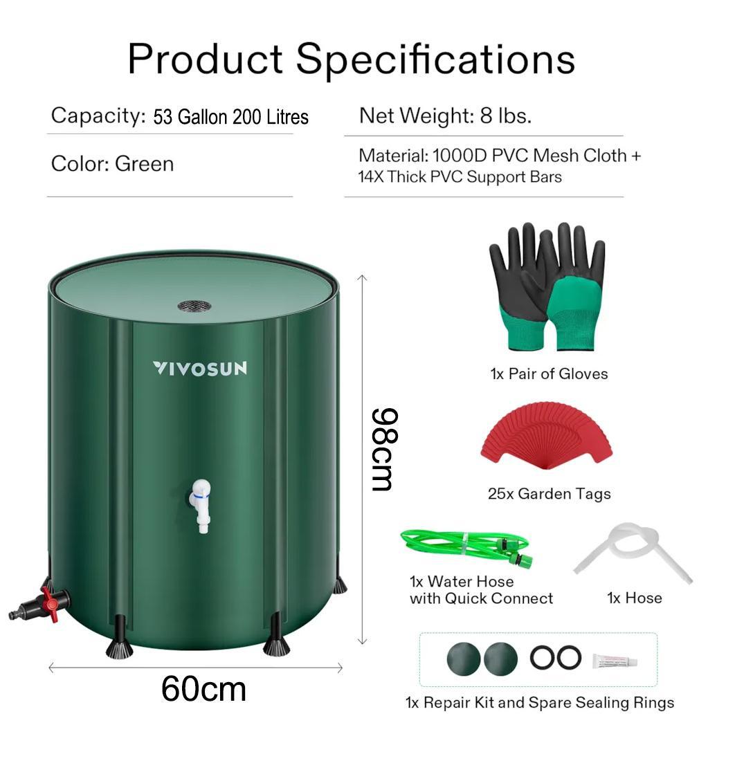 Vivosun Collapsible Rain Barrel, 200L Water Storage Tank