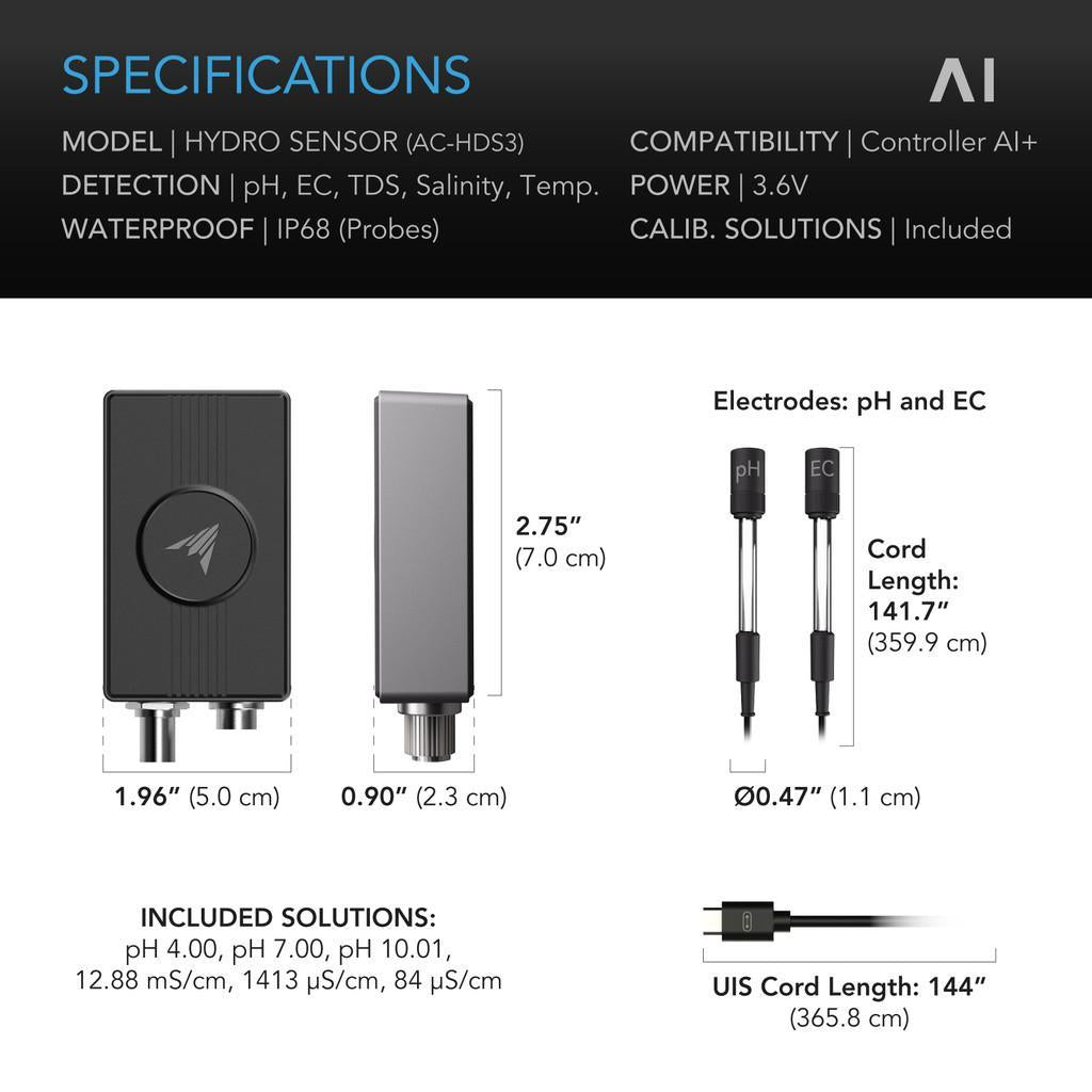 Hydro Sensor for Controller AI+, Precise pH, EC, TDS and Water Temp Data Tracking, Enables Equipment Control Programming