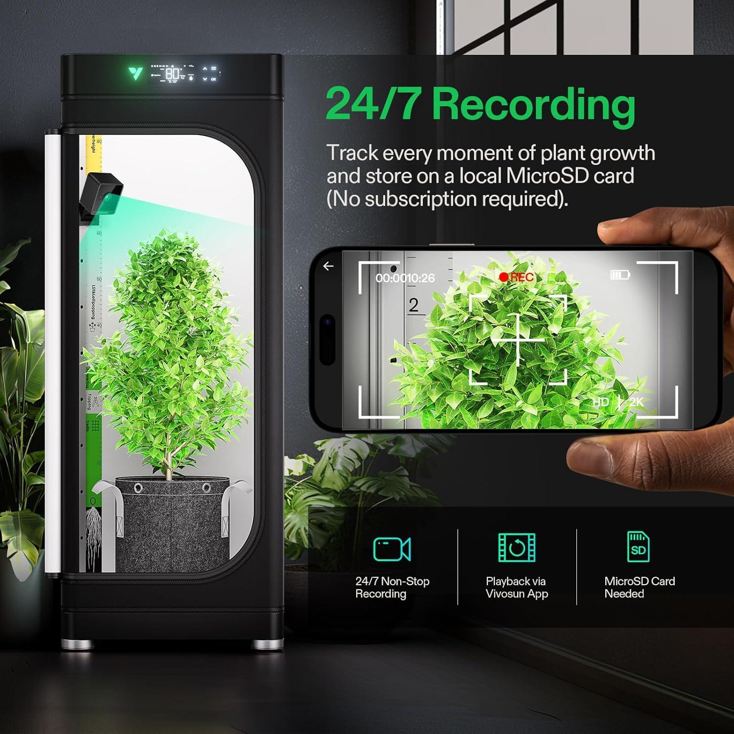 GrowCam C4, 2K QHD WiFi Smart Camera for Grow Tent & VGrow Smart Grow Box, Timelapse, Night Vision, SD Card Storage, 2-Way Audio, App Control