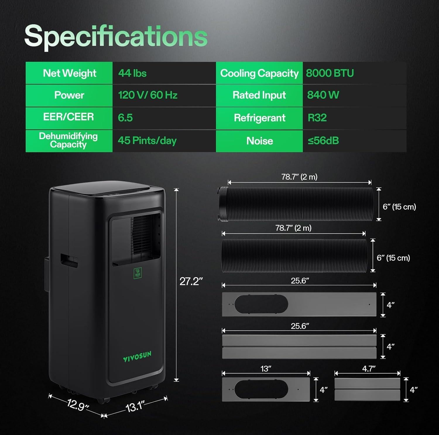 VIVOSUN AeroLush C08 Smart Air Conditioner, 8000BTU, 4-in-1 Function, with Temperature & Humidity Sensor Probe, Smart Remote Control