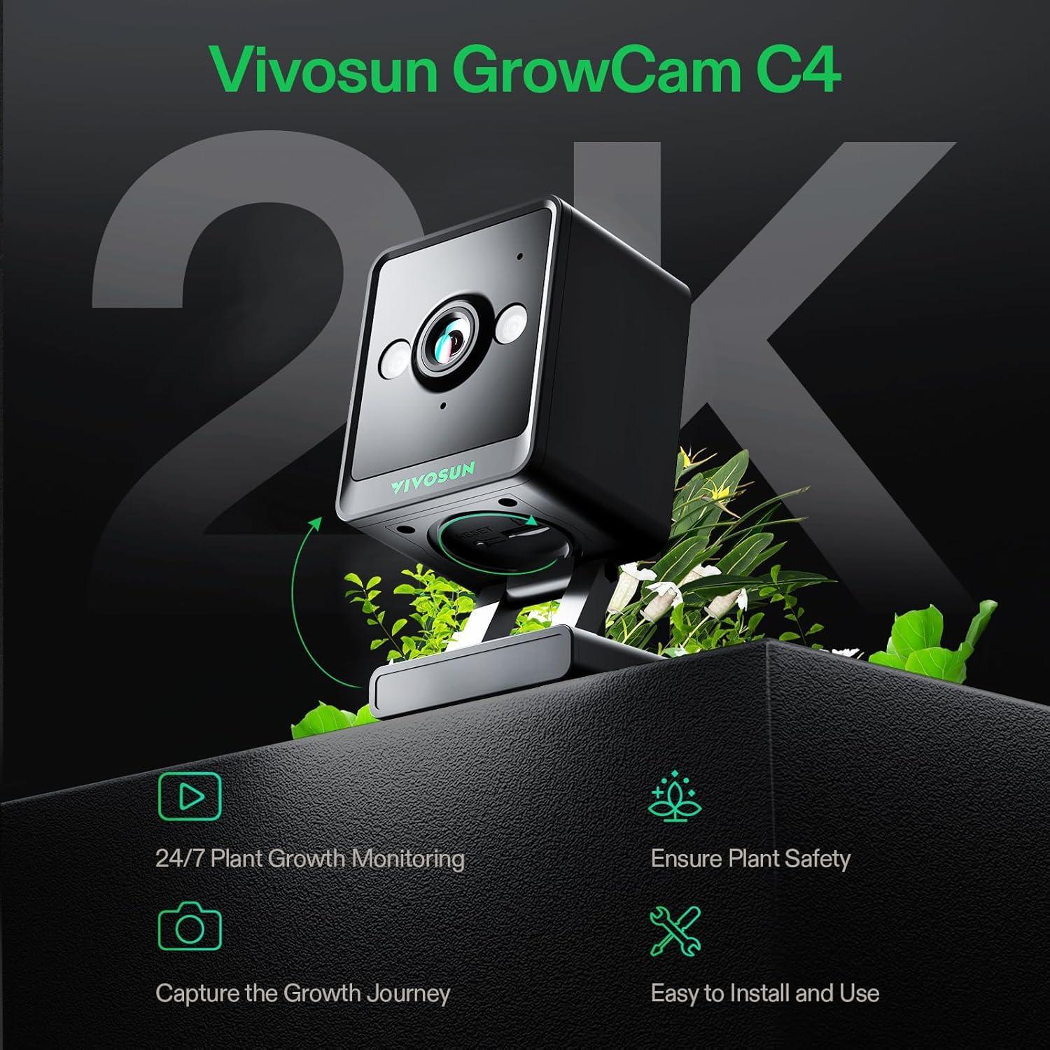 GrowCam C4, 2K QHD WiFi Smart Camera for Grow Tent & VGrow Smart Grow Box, Timelapse, Night Vision, SD Card Storage, 2-Way Audio, App Control