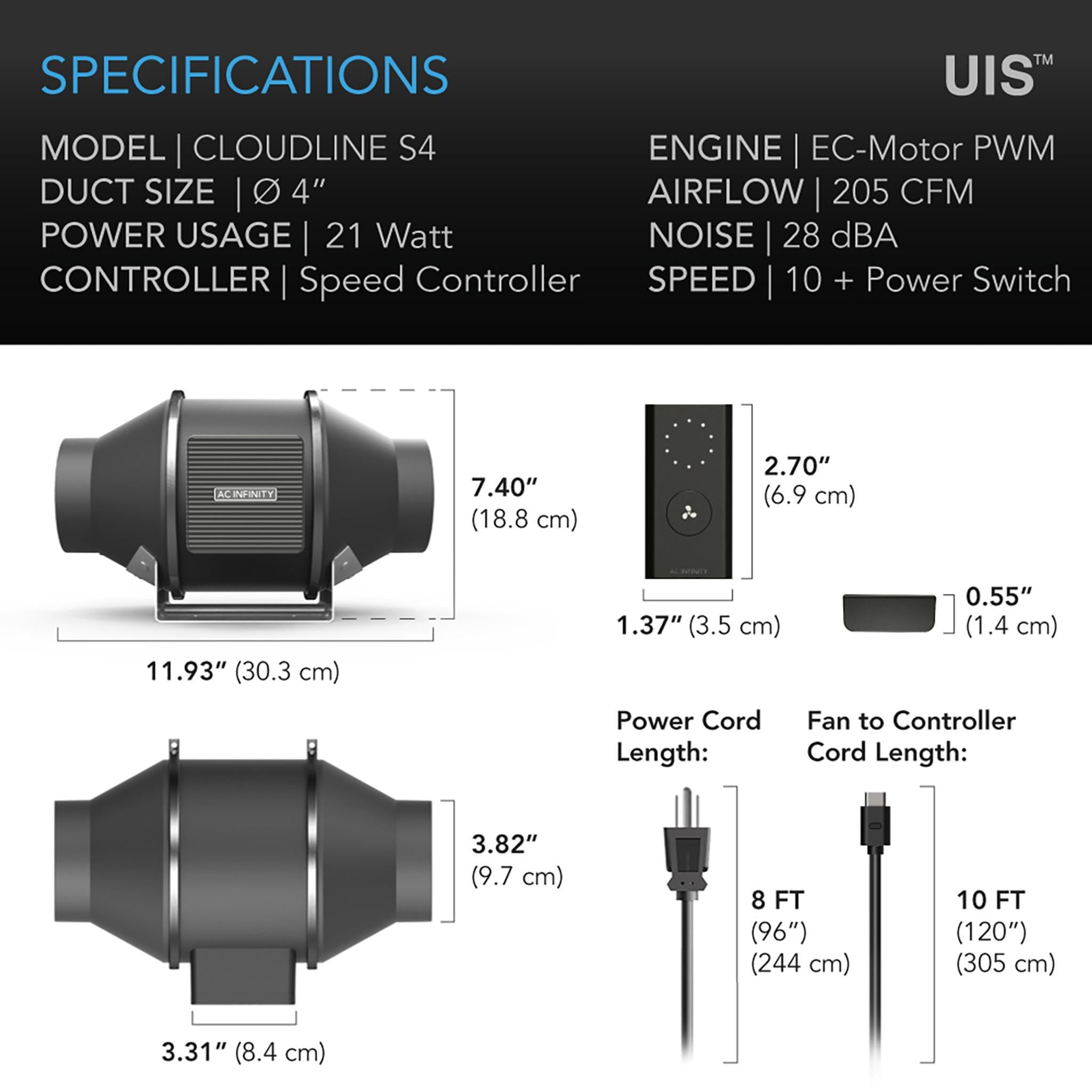 AC INFINITY Cloudline S4 Grow Room extraction Fan Specifications