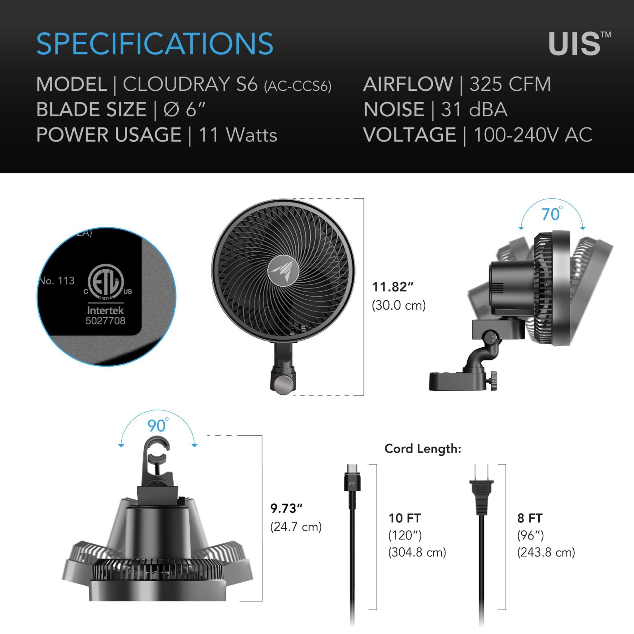 AC INFINITY Cloudray S6 Dimensions