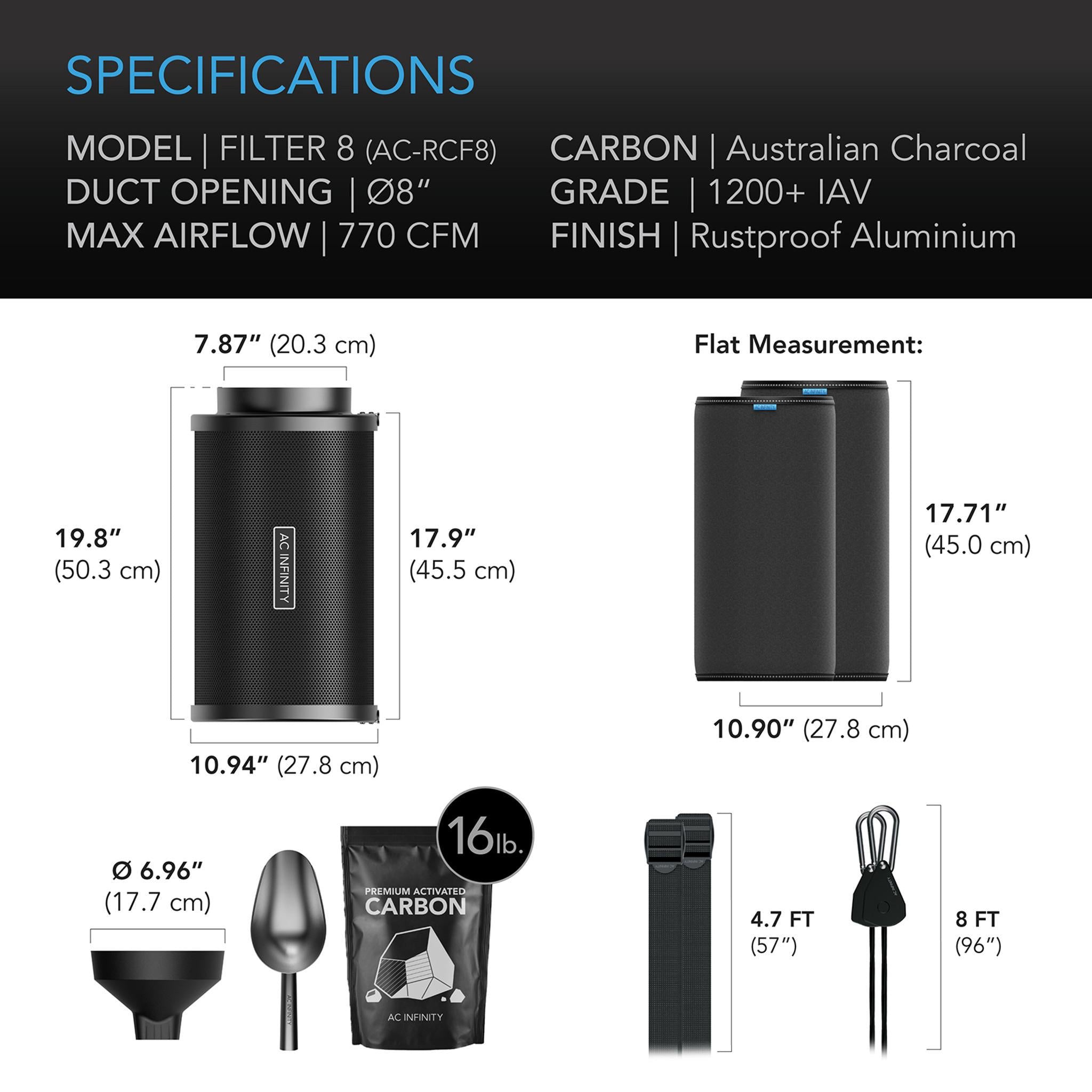 AC INFINITY refillable Carbon Filter 8" 200mm Kit Specifications