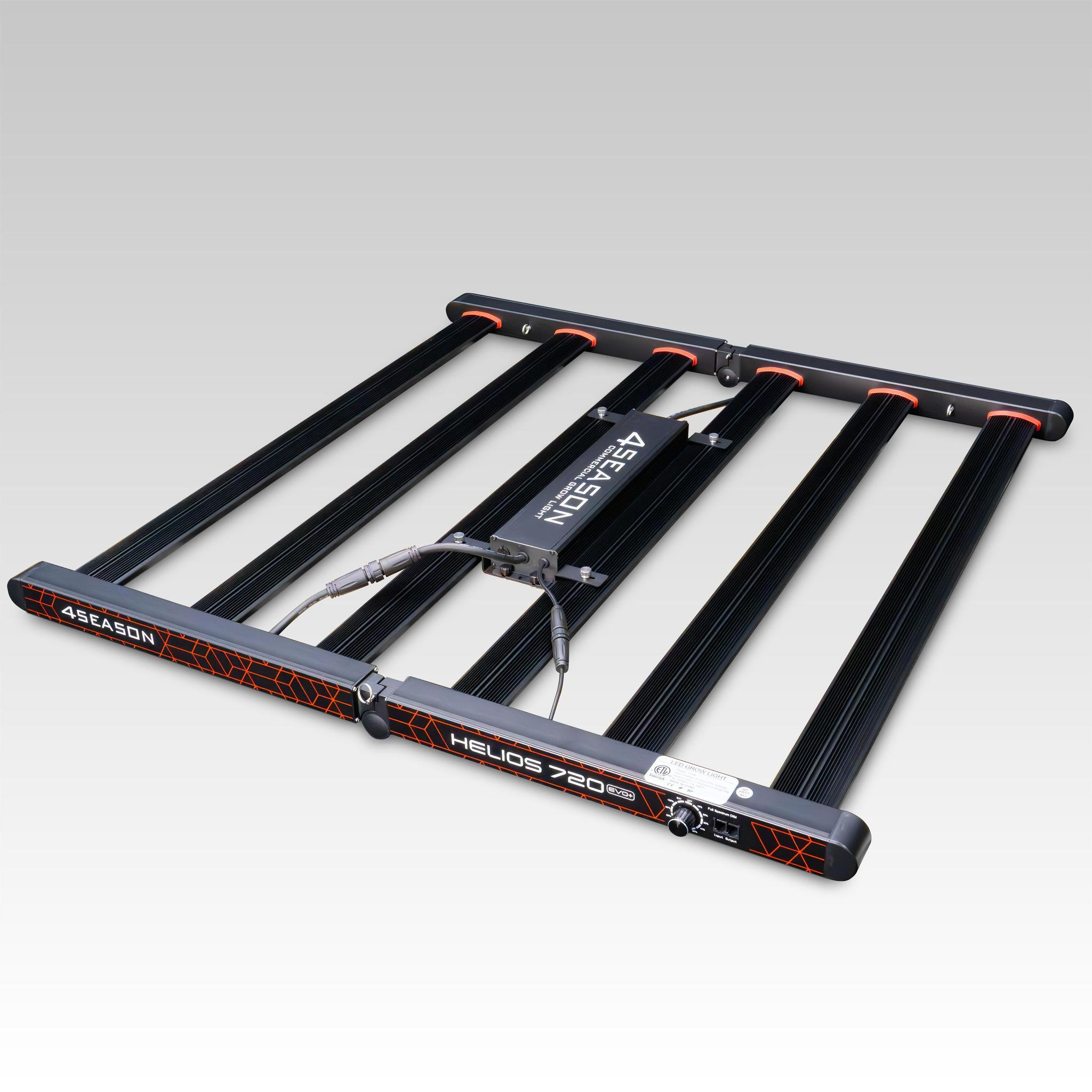 A LED grow light panel with black bars and red detailing, featuring the 4Seasons brand label.