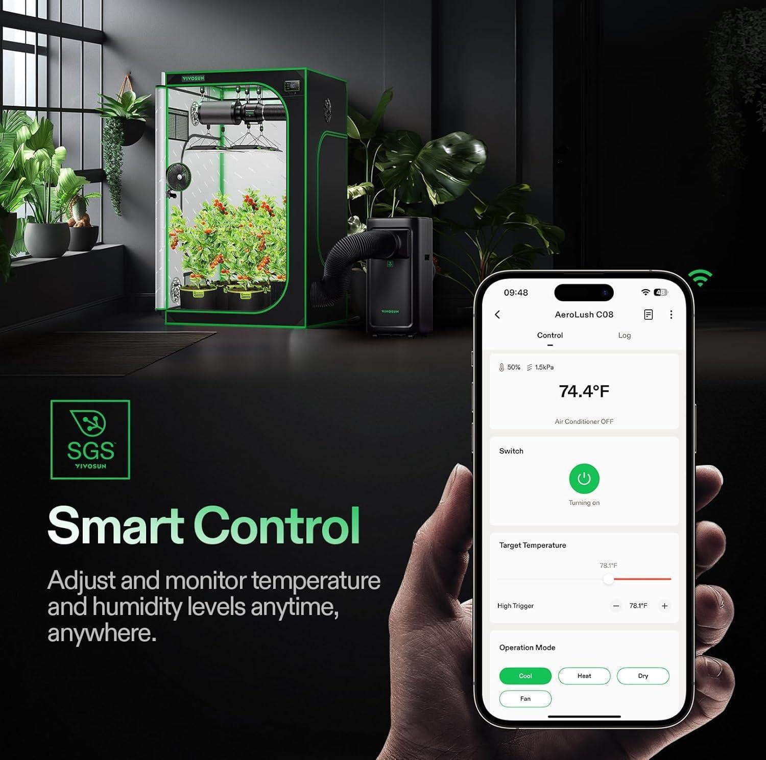VIVOSUN AeroLush C08 Smart Air Conditioner, 8000BTU, 4-in-1 Function, with Temperature & Humidity Sensor Probe, Smart Remote Control