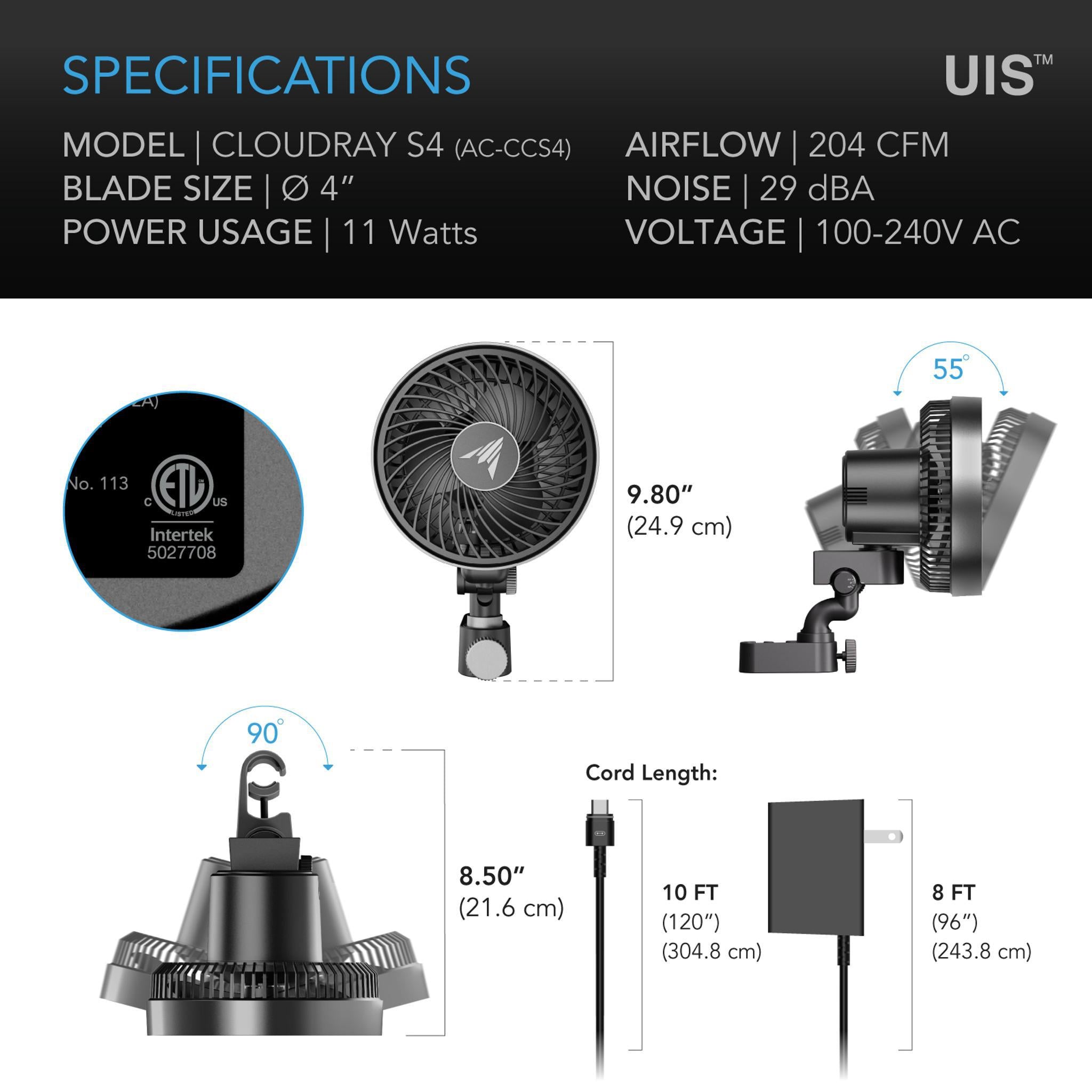 AC Infinity Cloudray S4 Clip Fan - Auto-Oscillation Model