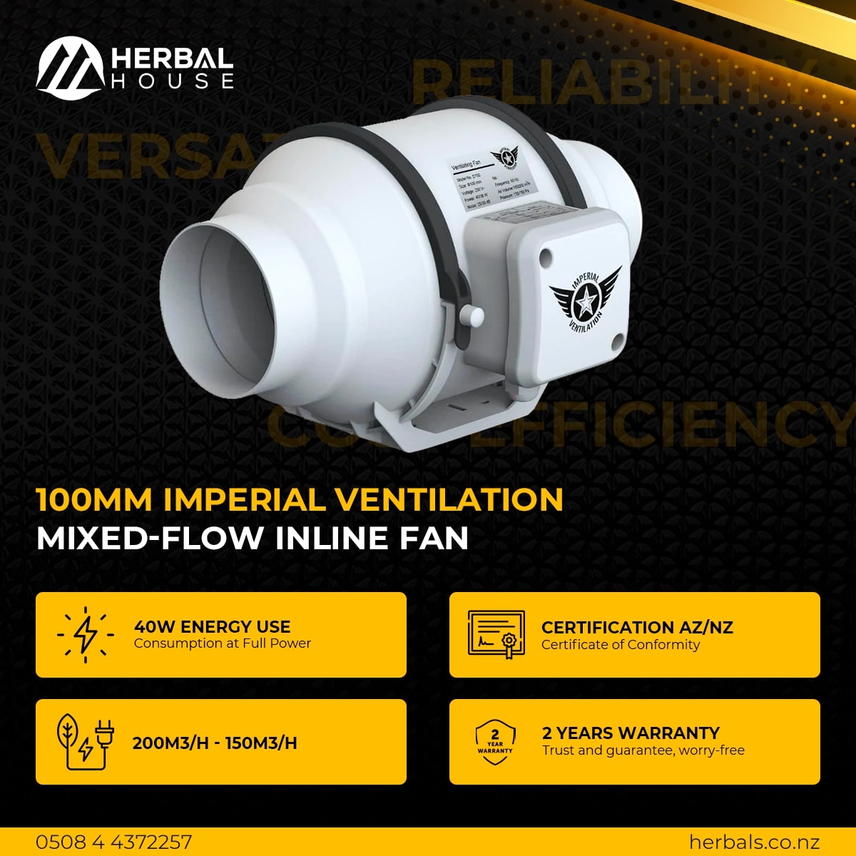 100mm Imperial Ventilation Mixed-Flow Inline Fan specs