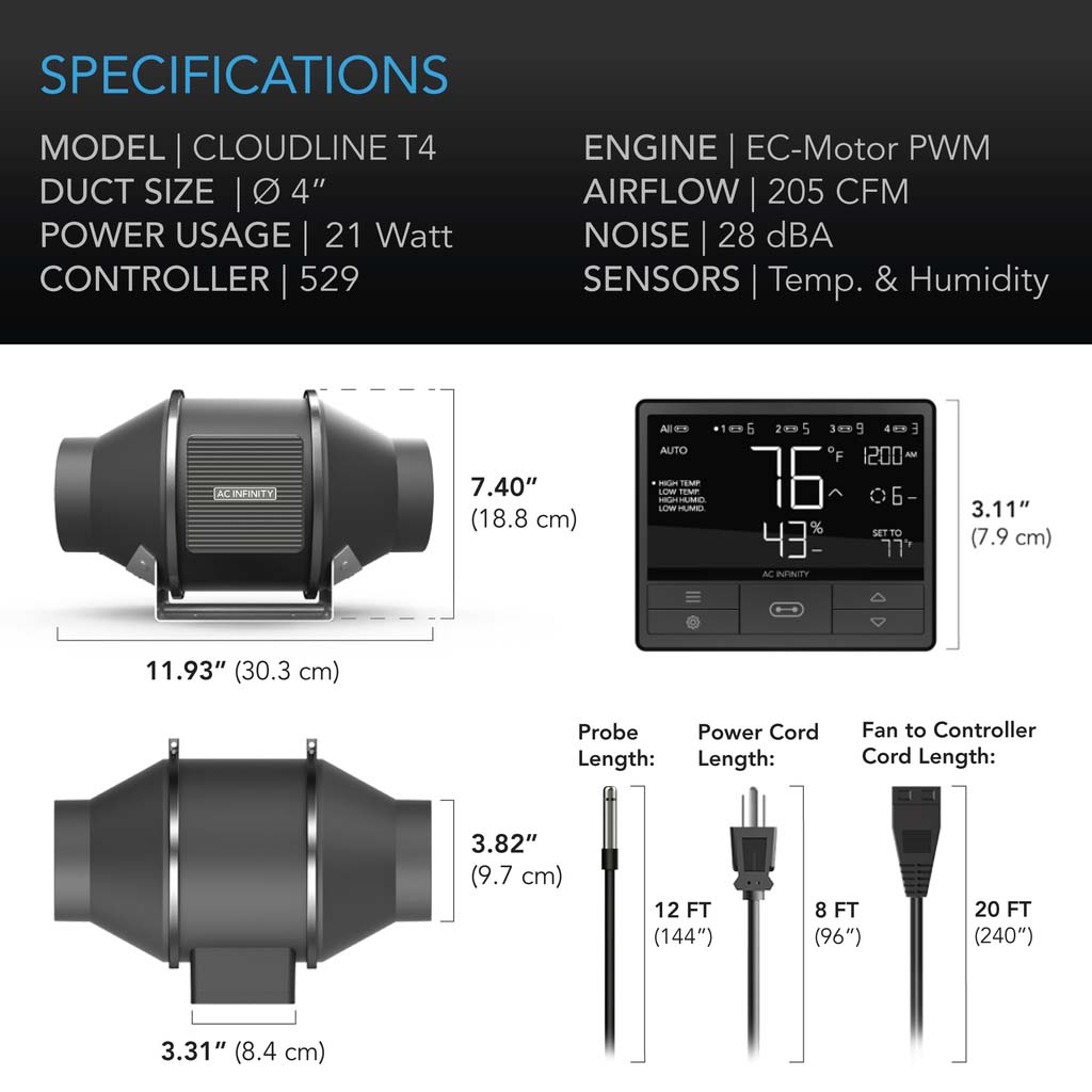 100mm AC INFINITY Cloudline T4-Series dimensions