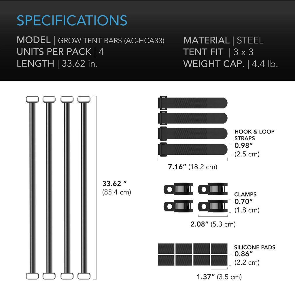 GROW TENT MOUNTING BARS, FOR INDOOR GROW SPACES, 3X3 specs