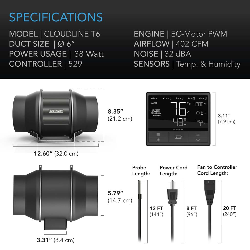 150mm AC INFINITY Cloudline T6-Series dimensions