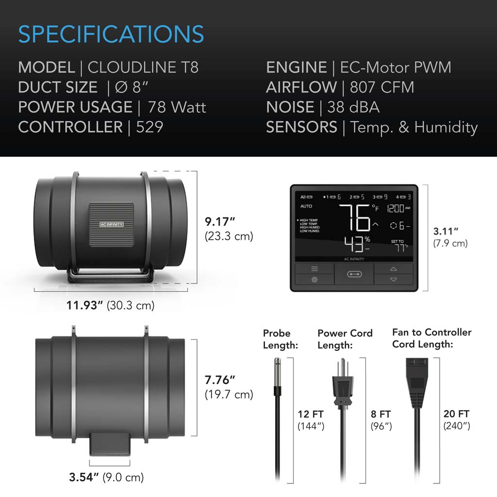 200mm AC INFINITY Cloudline T8-Series specs